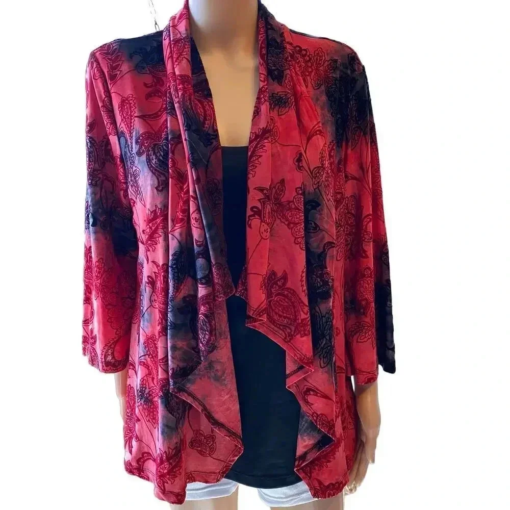 Christopher & Banks Floral Print Artsy Velvet Cardigan Top Blouse Women Size L